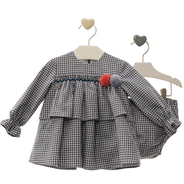BABY GIRL LONG SLEEVE VICHY AND POMPOM SHORT DRESS WITH BLOOMER FILIPO SET
