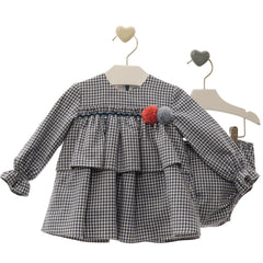 BABY GIRL LONG SLEEVE VICHY AND POMPOM SHORT DRESS WITH BLOOMER FILIPO SET