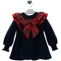 GIRLS RED HOLIDAY PRINT RUFFLE AND BOW LONG SLEEVE DRESS