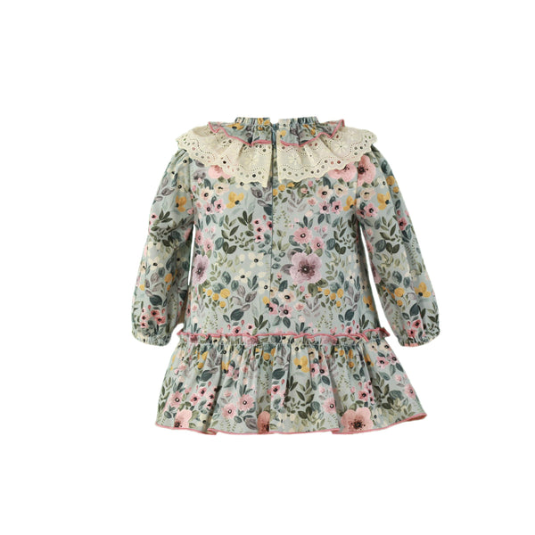 BABY GIRL FLORAL PRINT LACE COLLAR DRESS