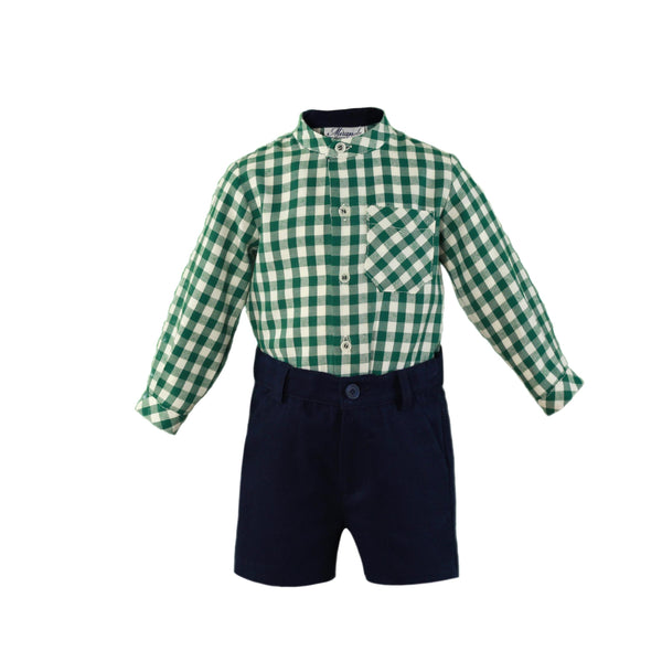 BABY BOY PLAID MAO COLLAR GREEN SHIRT AND SHORT PANTS