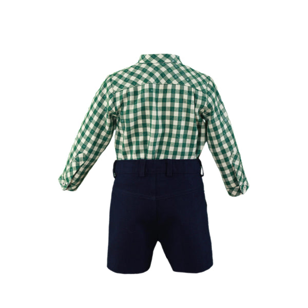 BABY BOY PLAID MAO COLLAR GREEN SHIRT AND SHORT PANTS