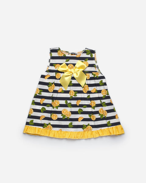 GIRLS LEMONS AND STRIPES PRINT AND YELLOW BOW DRESS