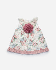 GIRLS FLORAL PRINT WITH LACE COLLAR AND ROSE APPLIQUE DRESS
