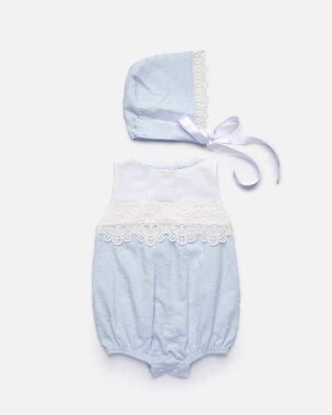 BABY PLUMETI AND LACE ROMPER WITH BONNET