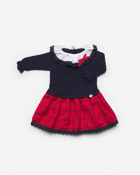 BABY GIRLS NAVY AND RED LOW WAIST DRESS WITH WHITE RUFFLE COLLAR