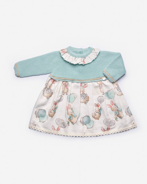 BABY GIRLS BUNNIES WITH BALLONS PRINT KNIT DRESS