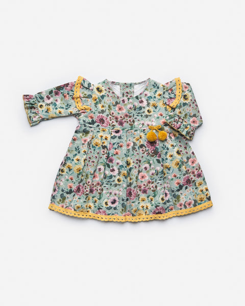 BABY GIRLS FLORAL PRINT WITH MUSTARD DETAILS LONG SLEEVE DRESS