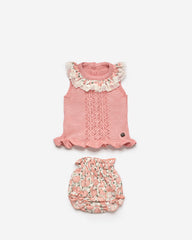 GIRL RUFFLE  KNIT BLOUSE AND TURLES PRINT BLOOMERS  2P SET