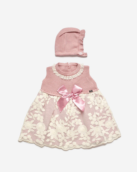 KNITTED AND FLORAL LACE DRESS WITH BONNET
