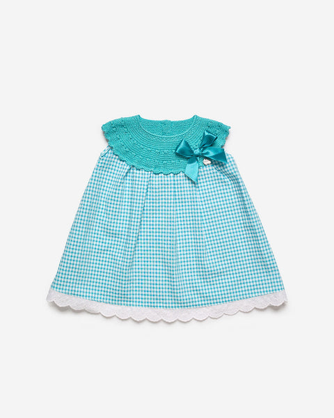 GIRL VICHY  AND BOW DETAIL TURQUOISE DRESS