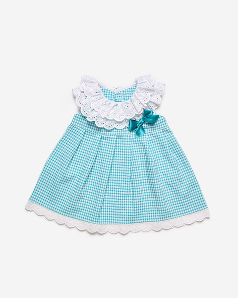 GIRLS VICHY TURQUOISE PRINT AND EYELET EMBROIDERY COLLAR DRESS