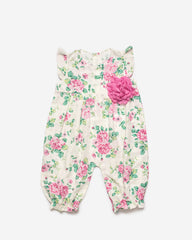 GIRLS FLOWERY LONG ROMPER WITH ROSE APPLIQUE