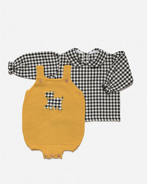 BABY DOG KNITTED OVERALLS AND PLAID LONG SLEEVE SHIRT 2P SET