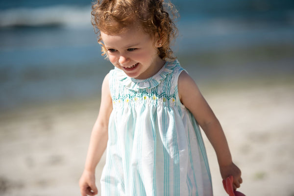 GIRL STRIPES AND LITTLE YELLOW DETAILS TURQUOISE DRESS