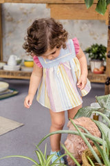 GIRLS MULTICOLORED STRIPES SHORT DRESS WITH BLOOMERS