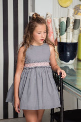 GIRLS BLACK PLAID WITH LACE PINK DETAILS DRESS